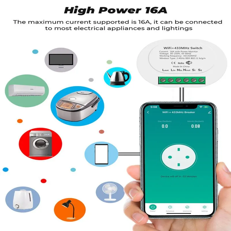 16A Wifi RF433 Smart Mini Switch 2 Way Breaker Smart Life APP Voice Control With Power Monitor Work For Tuya Alexa Google Home