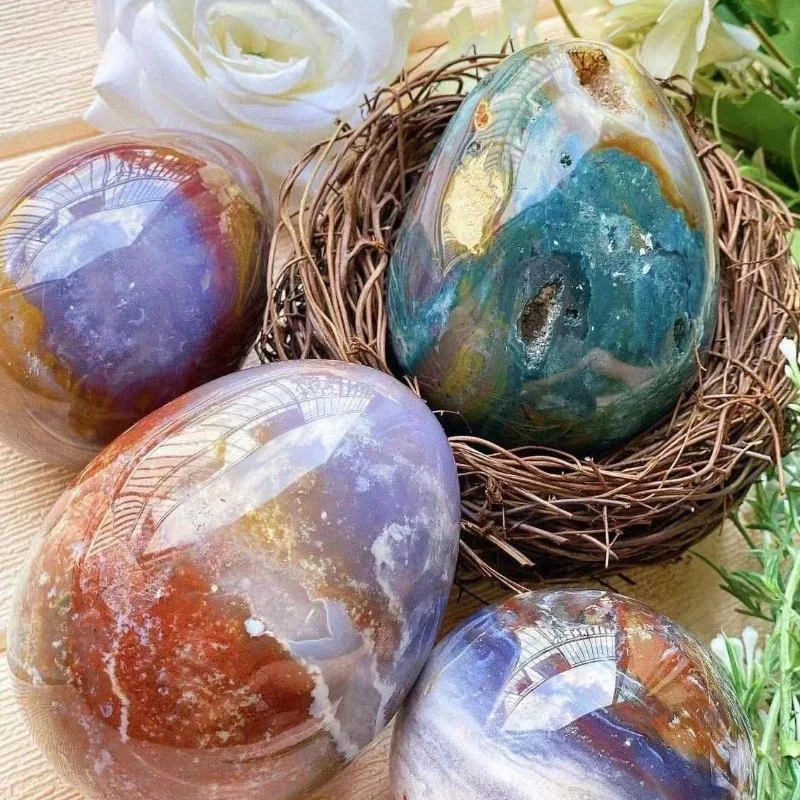 Natural Ocean Jasper Egg Particle Polished Stones Flower Pot Fish Tank Decorative Healing Stone Jewelry Making Decor