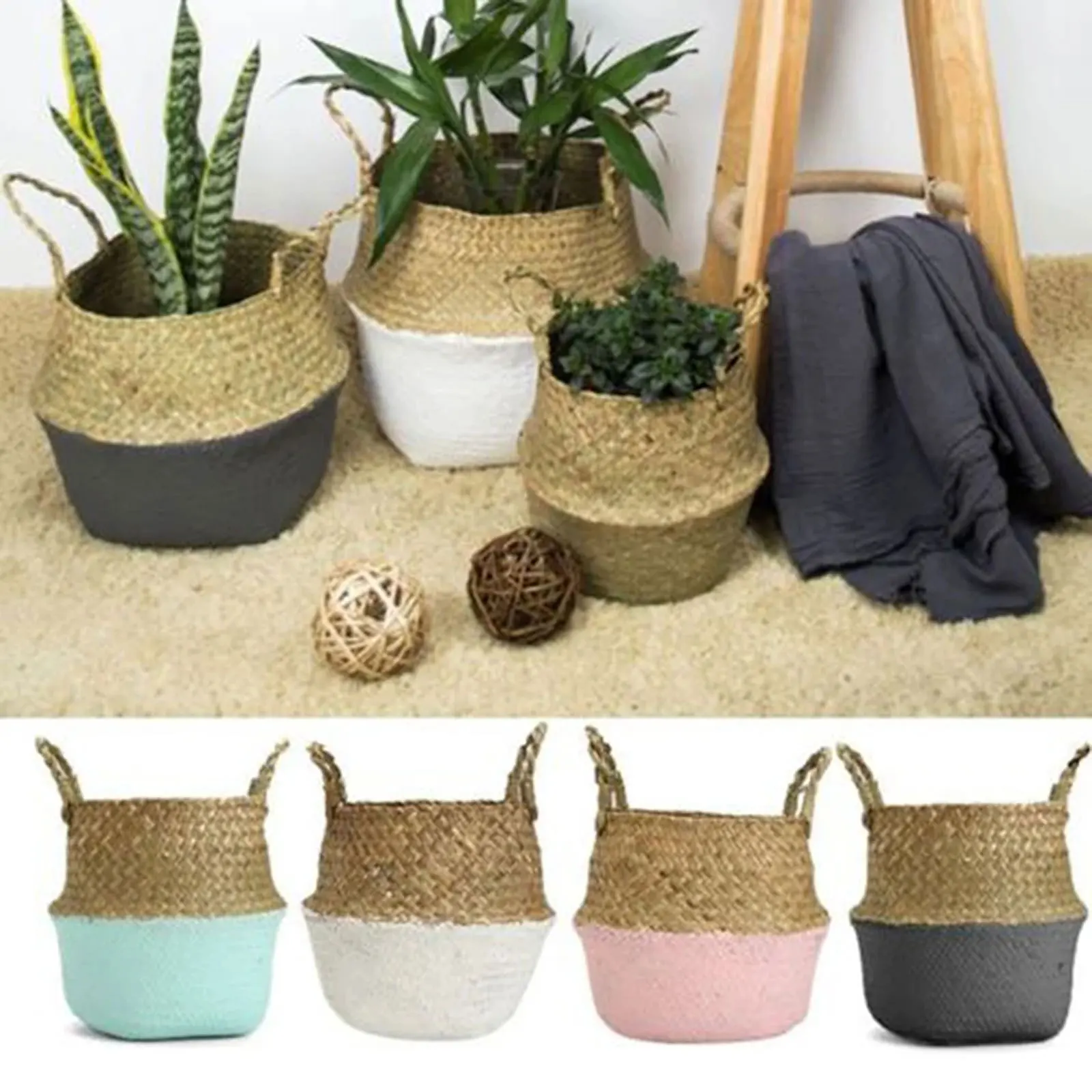 

New Bamboo Storage Baskets Foldable Laundry Straw Patchwork Wicker Rattan Seagrass Belly Garden Flower Pot Planter Basket