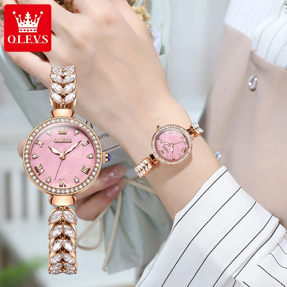 OLEVS Mermaid Full Diamond Dial Luxury Quartz Watch for Women Elegant Rose Gold Bracelet Wristwatch Sets Girls Valentines Gifts