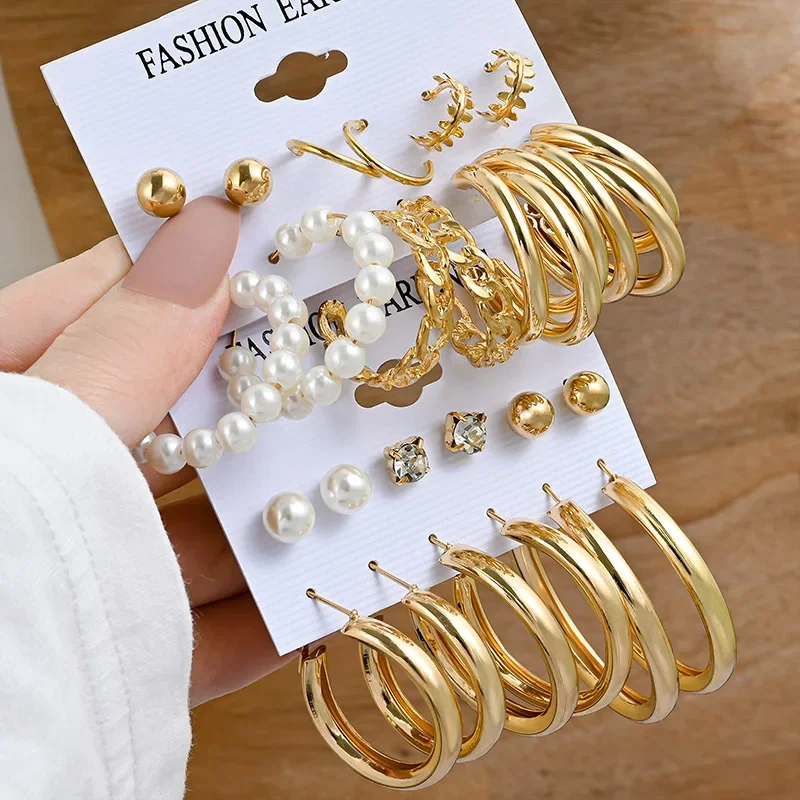 Gold Color Vintage Hoop Earrings Set for Women Boho Metal Circle Geometric Twist Pearl Dangle Earrings Trendy Jewelry Gifts