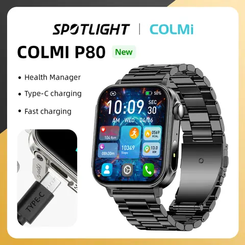 Xiaomi Smart Watch COLMI P80 Type-c Smartwatch Men Women Health Manager Bluetooth Call IP67 Waterproof Flashlight Smart Watch For Xiaomi iOS Phone