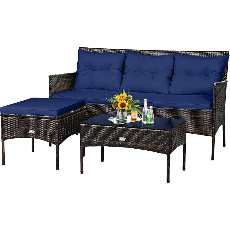 3 Pieces Patio Conversation Set, All Weather Outdoor PE Rattan Wicker Furniture Set with Padded Cushions, Tempered Glass