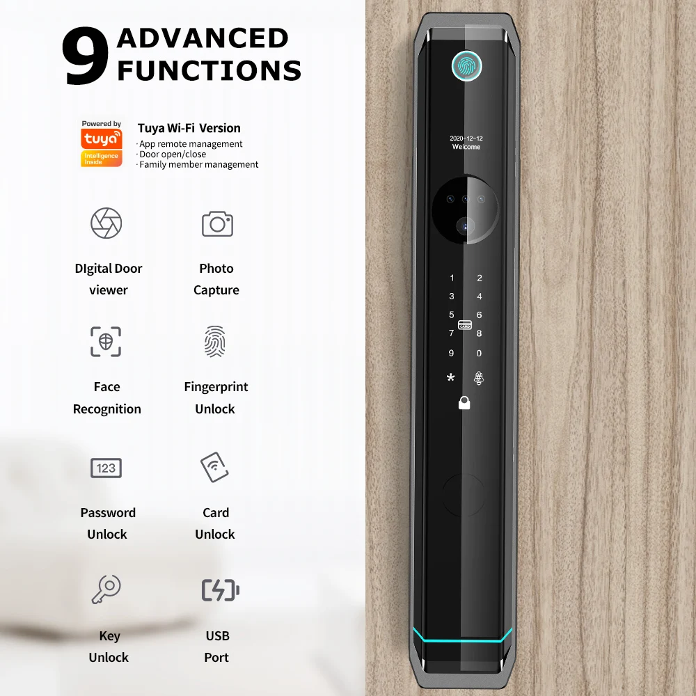 Full Automatic 3D Face Recognition Tuya Wifi App Smart Lock Camera Key Biometric Fingerprint RFID Card Digital Password