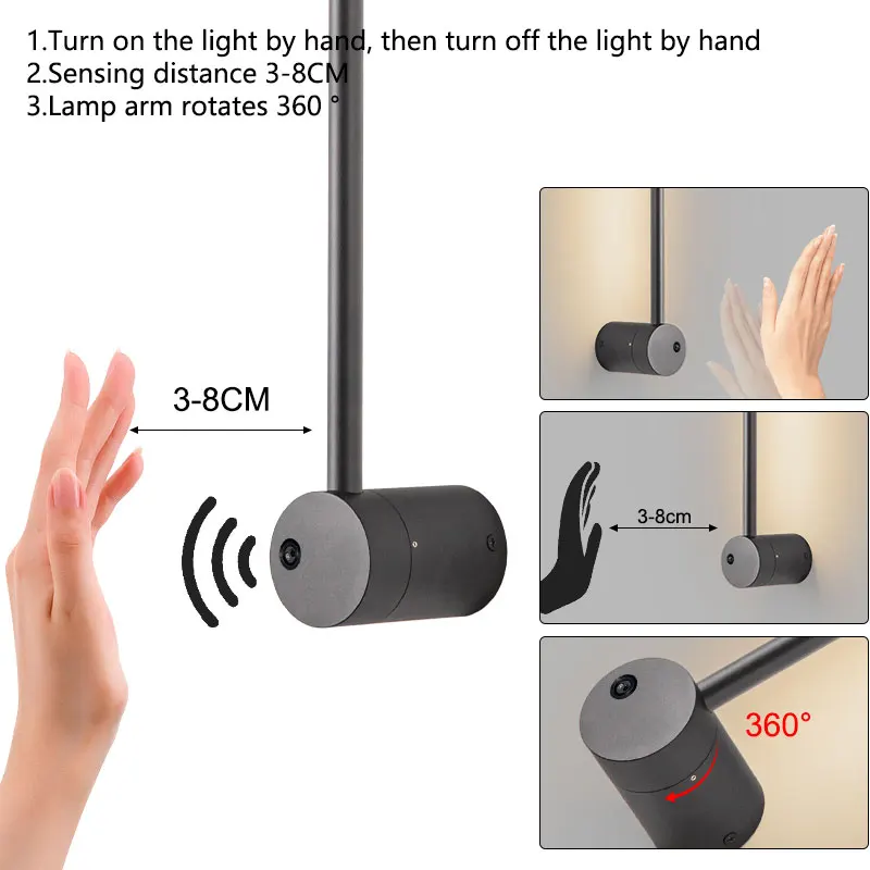 Imagem -04 - Led Hand Induction Switch Wall Lâmpadas para Casa Iluminação Interior Safa Background Nordic 360 ° Rotatable Sensor