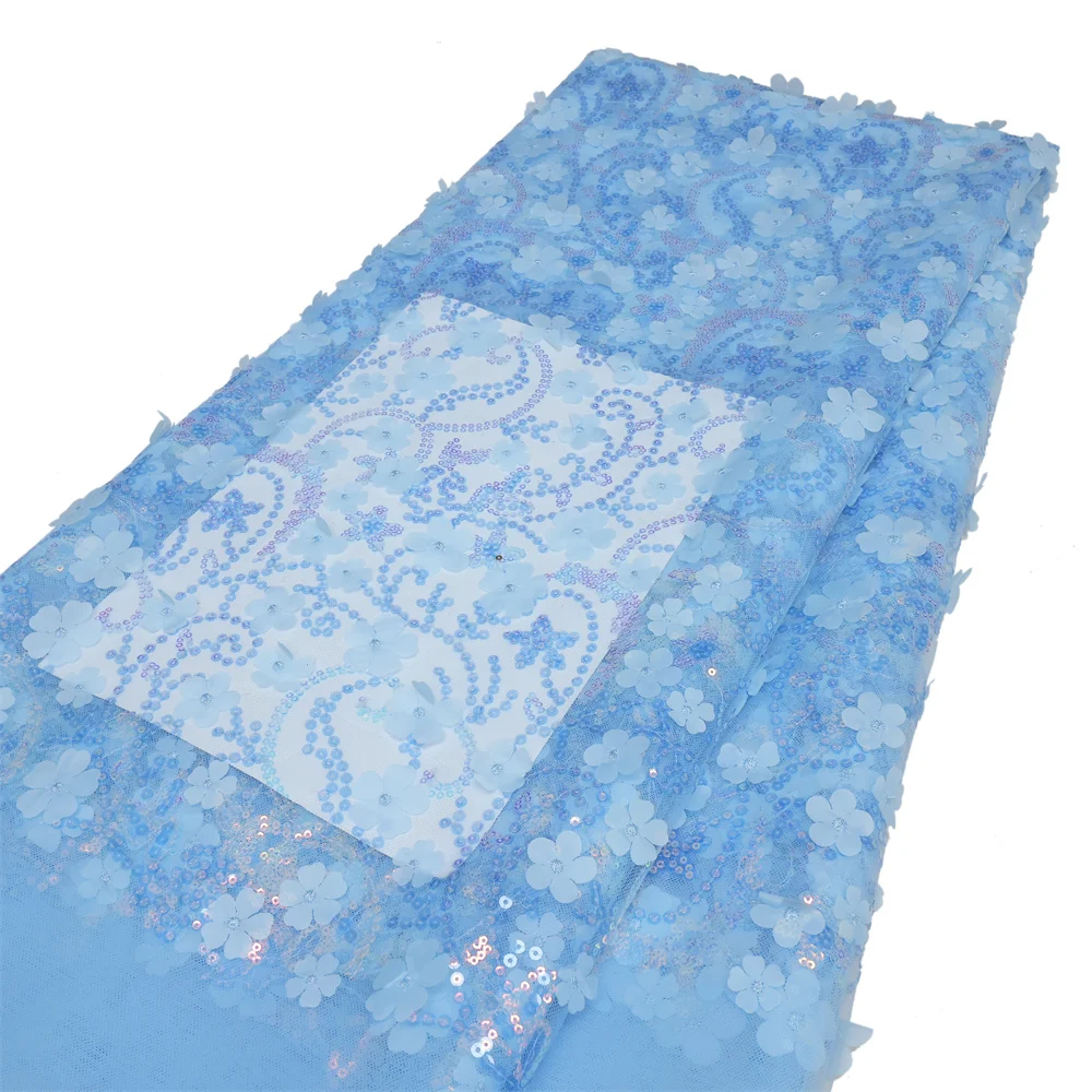 3D Flowers In blue French Lace Fabric 2024 High Quality Lace Net African Lace Fabric With Beads Lace Fabrics For Wedding