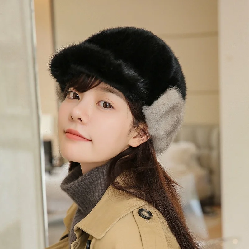 Solid Color Uniform Size Fur Hat Winter Women's Mink Fur Ear Protection Cap Luxury Warm Duck Tongue Fur Hat