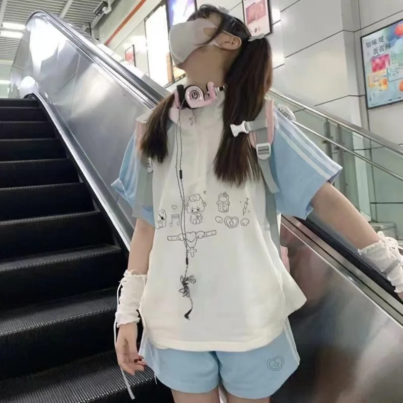 Japanese T Shirts Women Clothes Stand Neck Half Zipper Tees Y2k Tops Casual Fashion Anime Tshirts Preppy Style 2024 Ropa Mujer