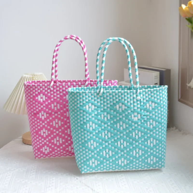 Women\'s Large Capacity Plastic Color Contrast Tote Bag Hand Woven Knitting Handbag Summer SeasideTravel Holiday Beach Bag Female