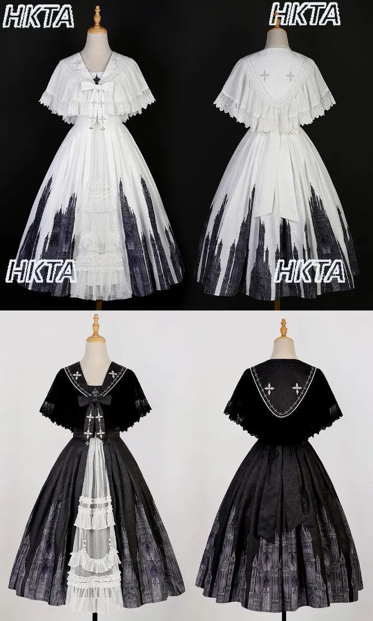 

Subculture Print High Waist Big Bow Pleated Lolita Long Dress Goth Vintage Dark Y2k Lace Bow Black Top Cape Jackets Sets Women
