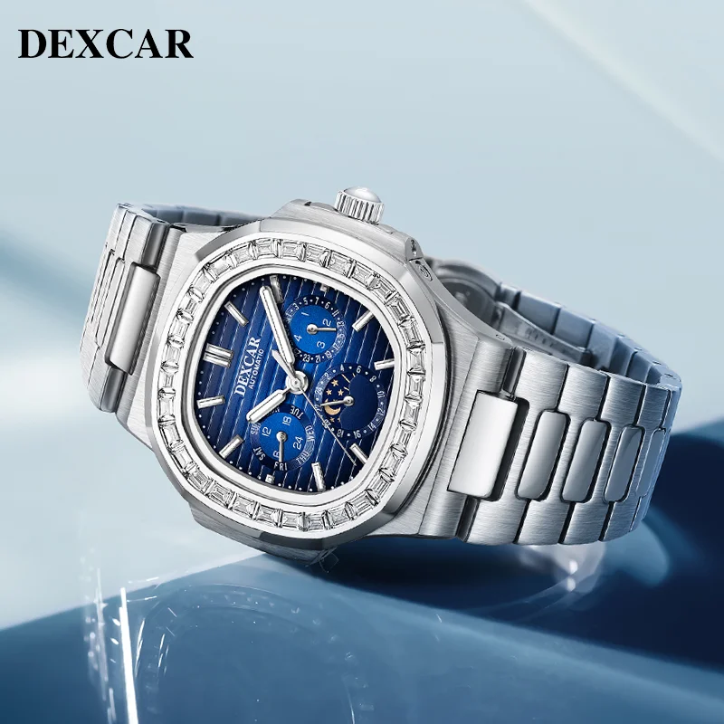 DEXCAR Men\'s Watches Luxury Zircon bezel Automatic Watch For Men Multifunctional Moon phase Mechanical Wrist watch Men 2024 New