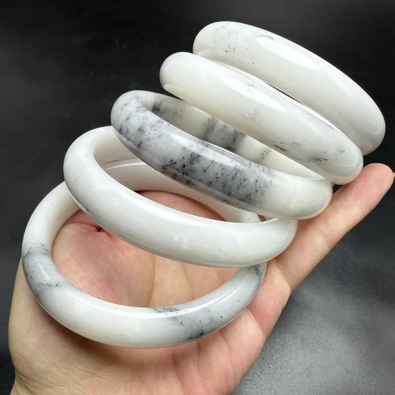 Natural cloud-white jade bracelet with traditional Chinese design, gold-threaded black floral ink painting, women's
