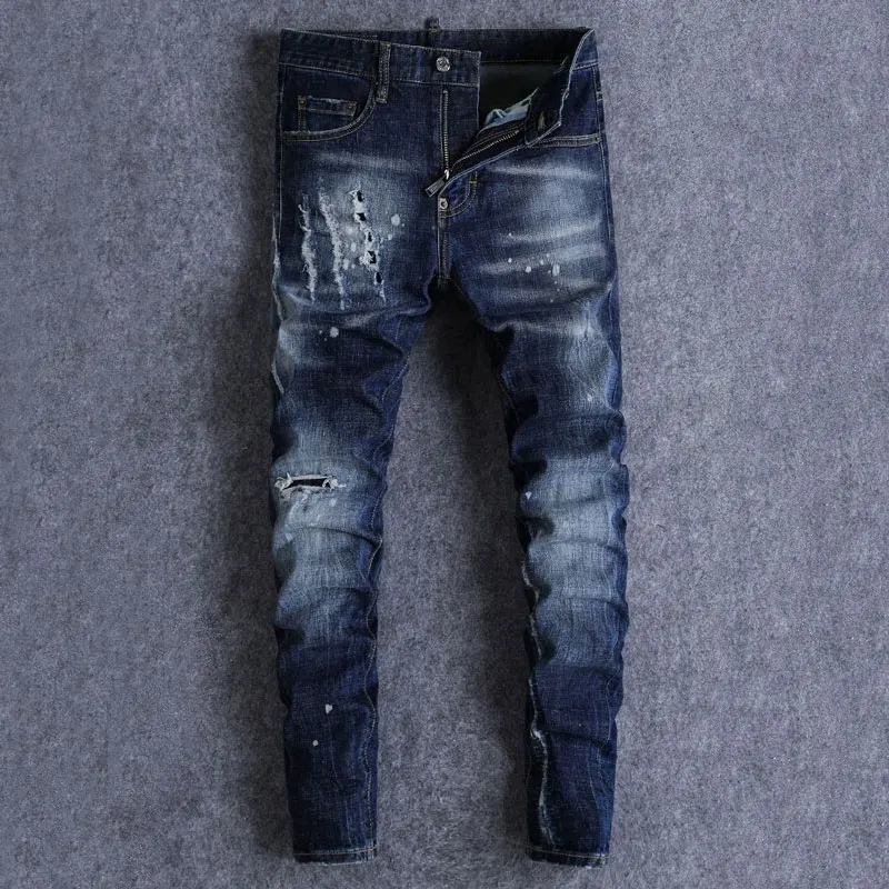 

Дизайнерские модные новые мужские джинсы в стиле ретро: черные, синие, зауженные, с эффектом волны, эластичные брюки с вышитыми нашивками, повседневные джинсы в ретро-стиле
