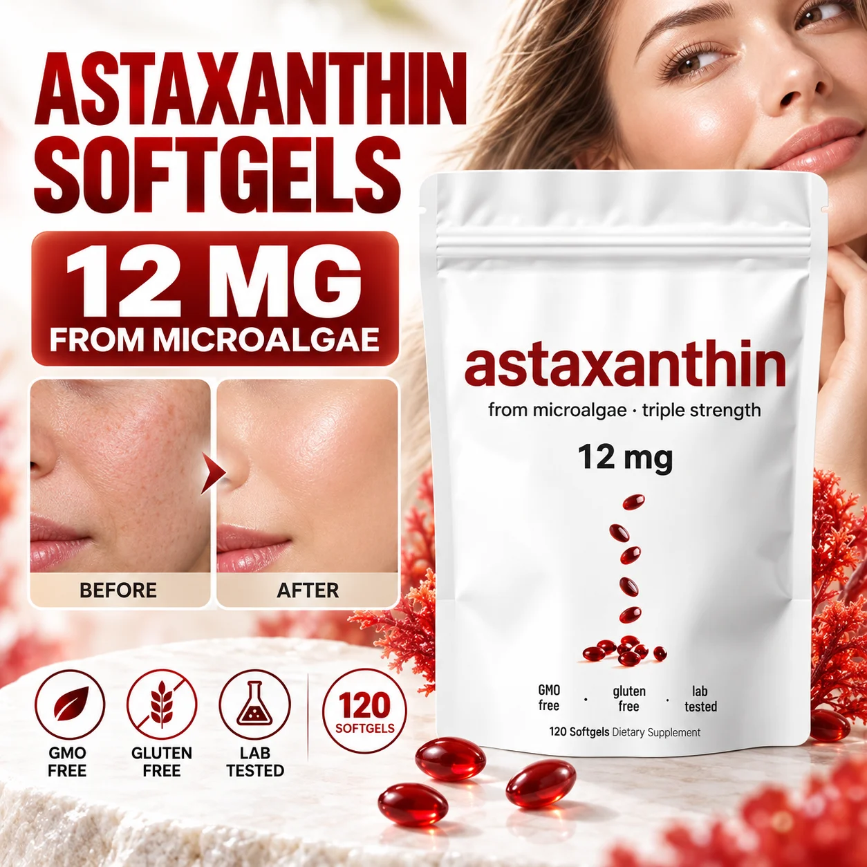 Astaxanthin 12mg Softgels Plant Based Microalgae Oil Supplement Antioxidant Support Eye Skin Health Dietary Supplement 120pcs