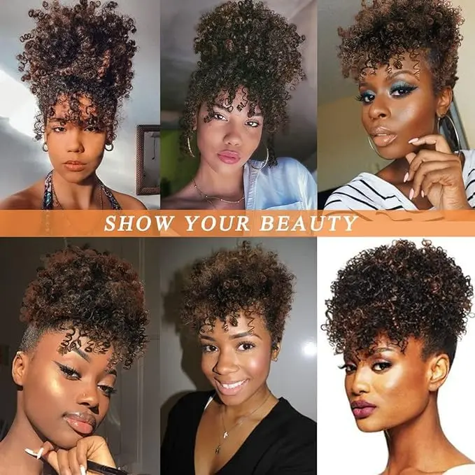 Cola de Caballo con cordón Afro Puff con Clip de pelo rizado en flequillo extensión de cola de caballo corta postizos Updo de chica negra para mujeres