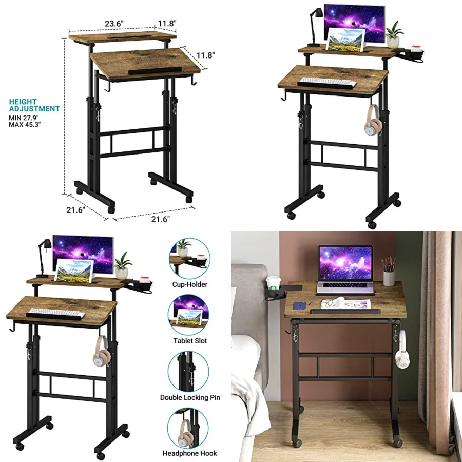

Small Standing Desk with Cup Holder, Height Adjustable Mobile Laptop Stand on Wheels, Ergonomic Rolling Computer Workstation for Home Office, Portable Overbed Table for Couch & Bed, Oak