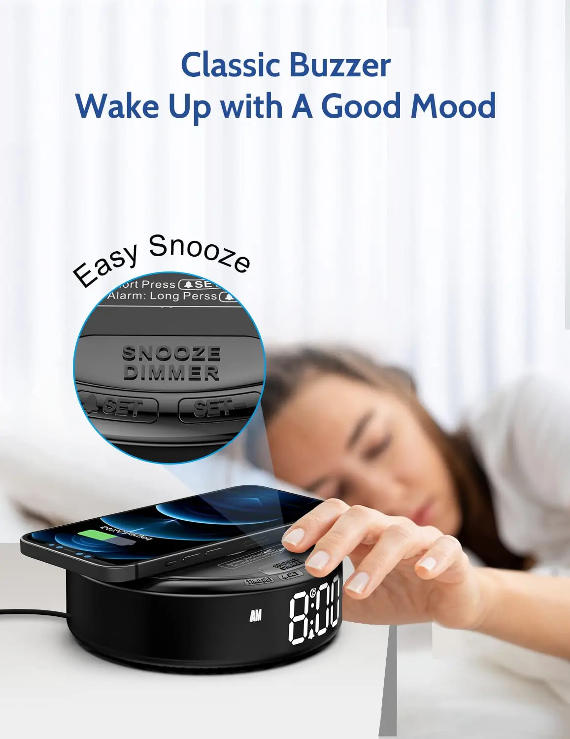 REACHER Small Wireless Charging Digital Alarm Clock Dimmable LED Display Easy Snooze Adjustable Volume Compact Size for Bedroom