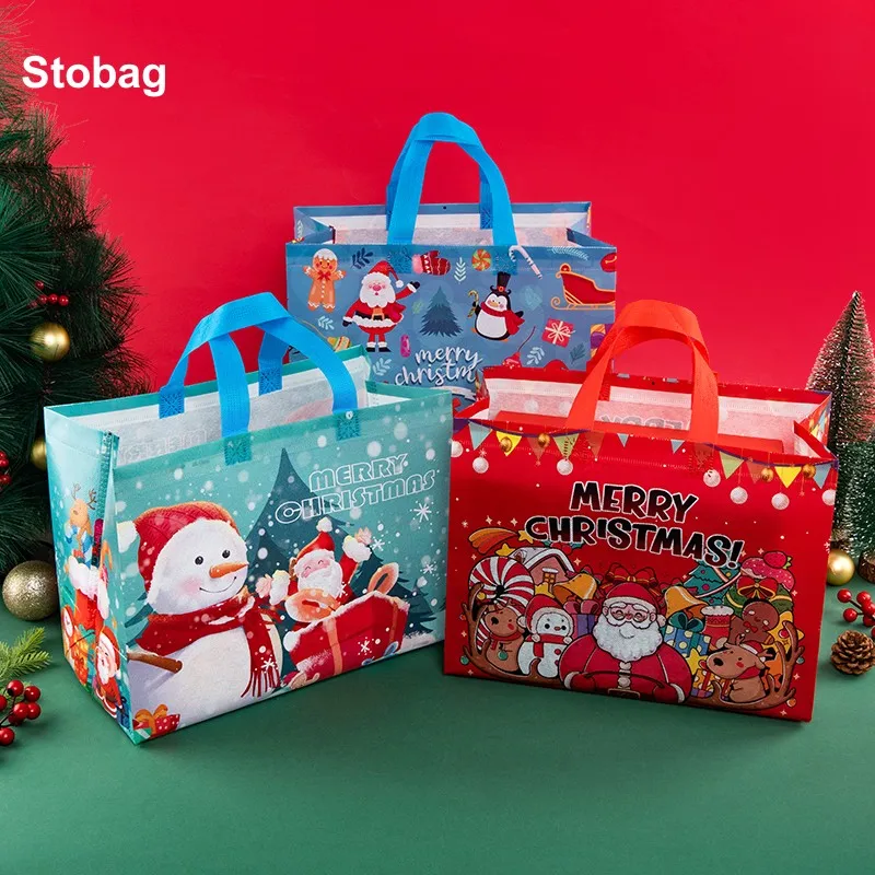 

StoBag 12pcs Merry Christmas Non-woven Tote Bags Gift Candy Packaging Fabric Waterproof Storage Reusable Large Pouches Party