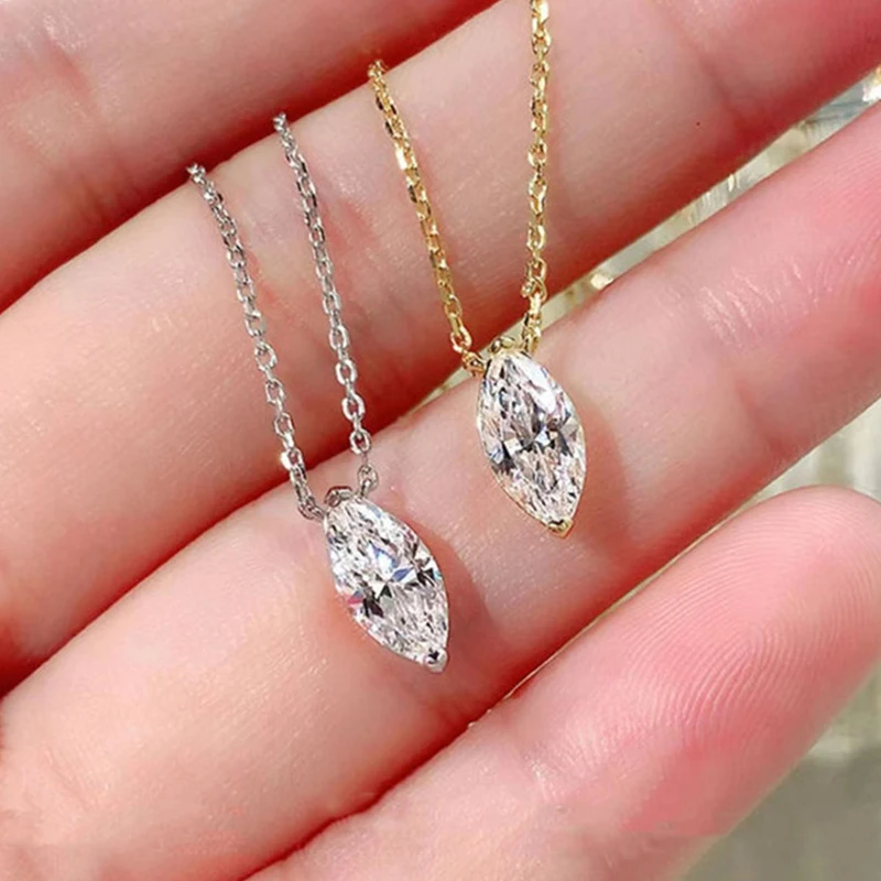 Celestinova Classic Wedding Single Stone Pendant Necklace 5x10mm Oval D Color Moissanite Rhombus Necklace Jewelry Women Gifts