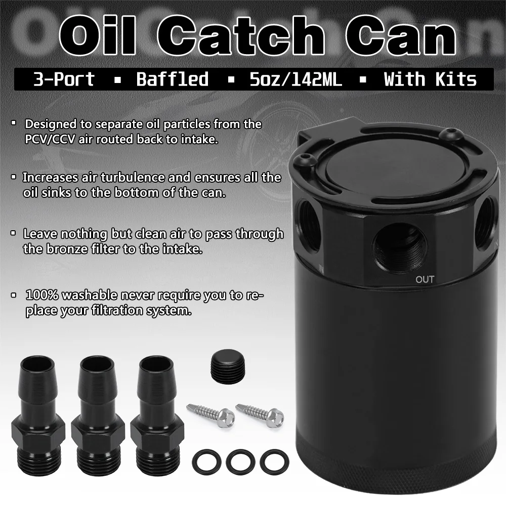 Hypertune - HIGH QUALITY BAFFLED 3-PORT OIL CATCH CAN / TANK / AIR-OIL SEPARATOR BLACK HT-TK66