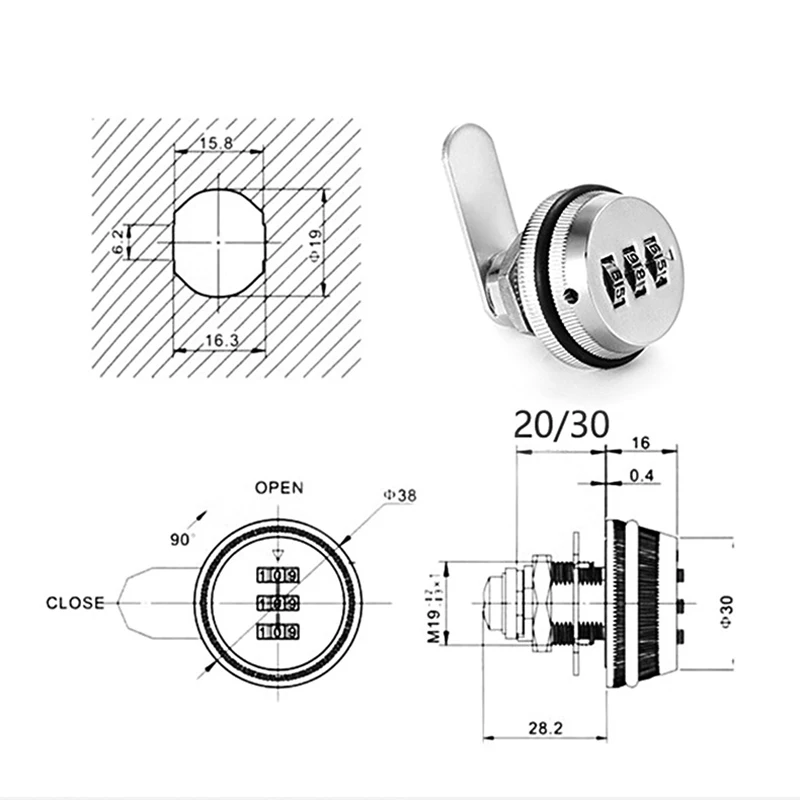 Alloy for Furniture for Cabinet Door 3 Digit Combination Password Code Drawer Lock Box Lock 20mm Smart Cam Code Lock