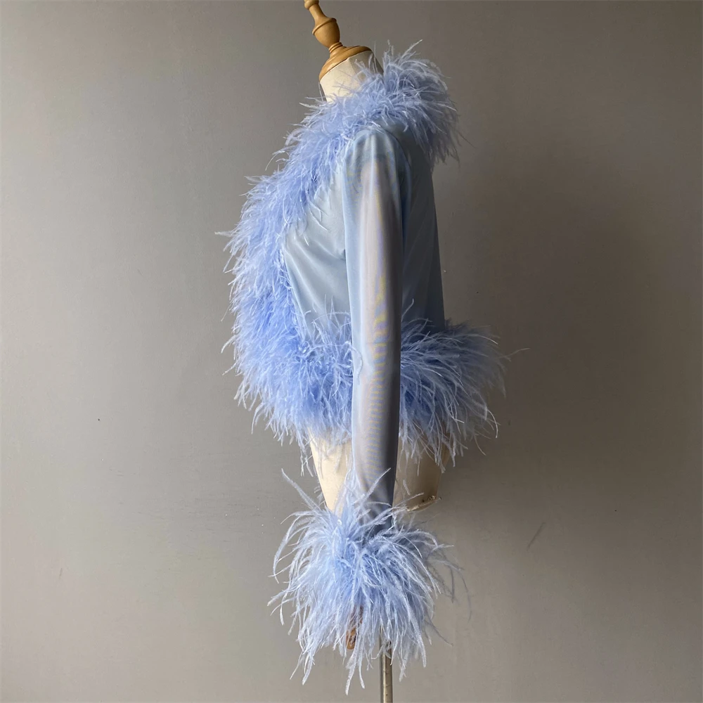 Jxwatcher Women's Sexy Mesh Feather Tops Spring Summer Ladies Vintage Celebrity Real Ostrich Feather Coat Fashion Party Wear New