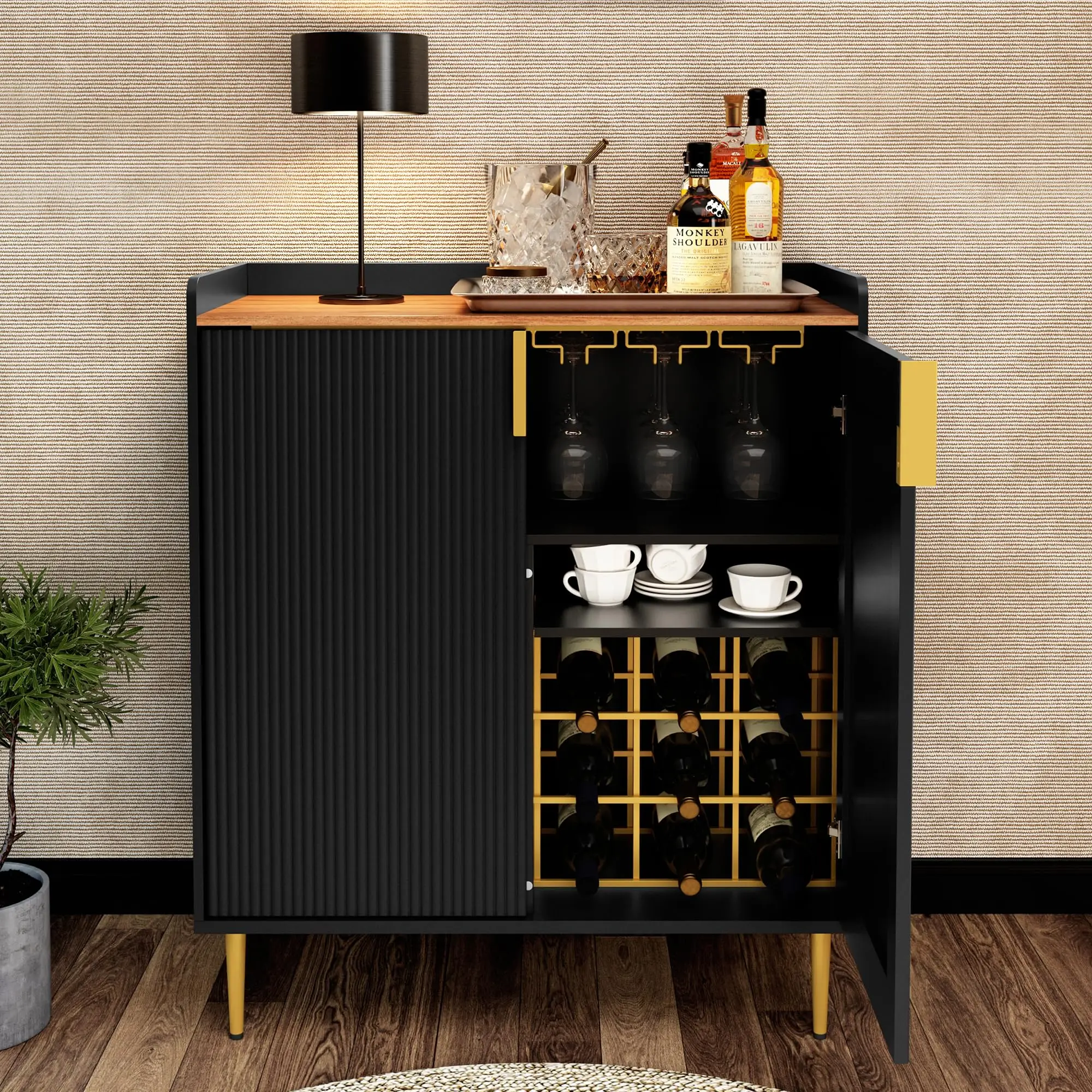 Modern Coffee Bar Cabinet with Fluted Texture, Black | Sideboard Buffet Cabinet with Wine Rack&Drawers, Liquor Cabinet