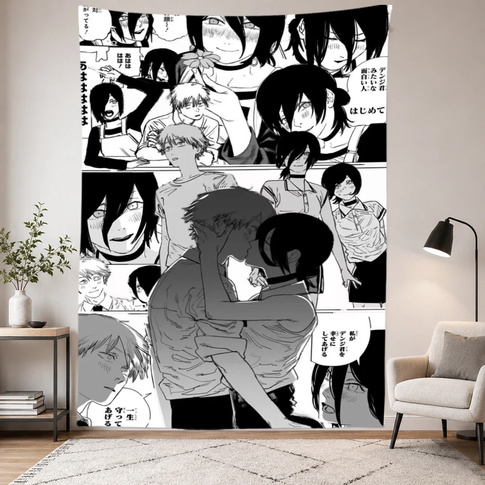 Black White Anime Manga Tapestry Wall Hanging Home Decor Background Cloth Gift for Teens Bedroom Dorm