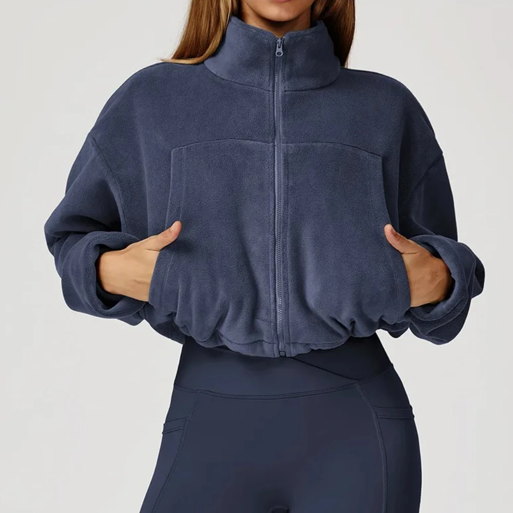 

Winter Windproof Zipper Warm Yoga Long Sleeved Women's Loose Outdoor Running Sports Jacket Female Standing Collar Sweatshirt