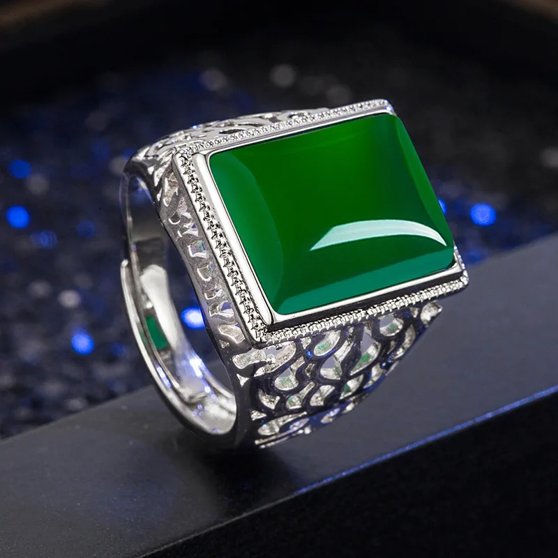 

Natural Green Chalcedony Hand-carved Square Ring Fashion Boutique Jewelry Men and Women Green Agate Ring Opening Adjustable