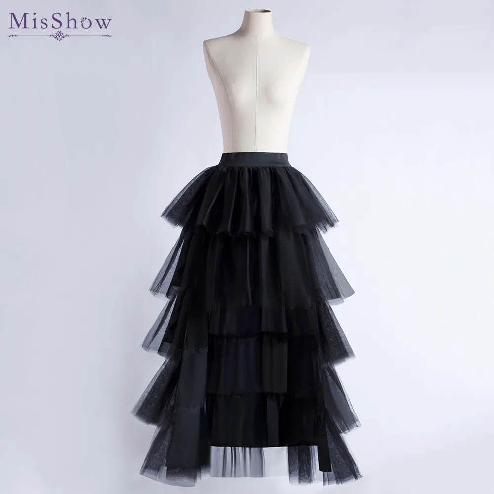 Black Fluffy Tulle Overskirts Multi-Layers Wedding Bridal Petticoat Long Mesh High Low Tiered Tutu Skirt for Prom Party