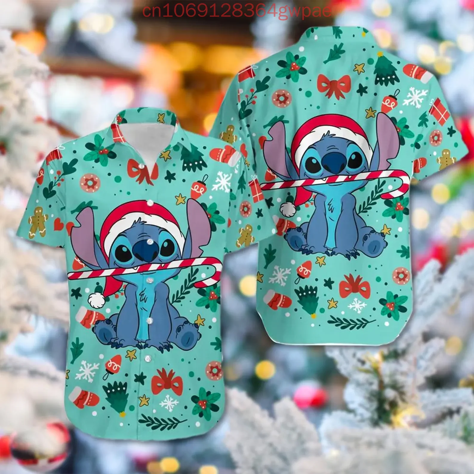 Disney Stitch Christmas Hawaiian Shirt Men's Women's Casual Short Sleeved Shirt Tops Cartoon Kids Button Up Beach Shirt