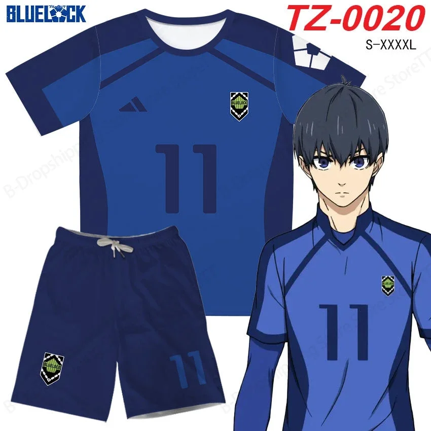 

Mens Jersey Sets Anime Japan Blue Lock Isagi Yoichi Football Shirt Cosplay Casual Oversized 3d Print T-shirt+Short 2pcs Set Suit