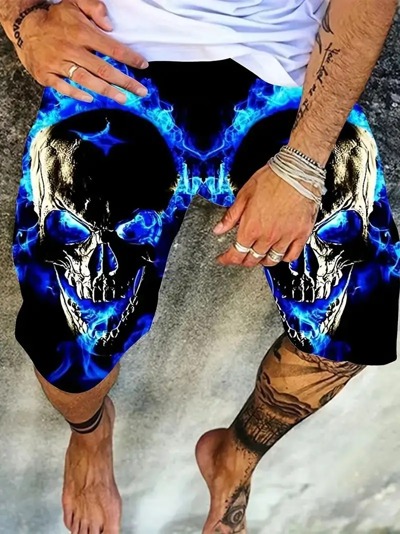 New Men\'s 3d Skull Print Fashionable Summer Beach Surfboard Shorts Quick Drying Sports Leisure Outdoor Fitness Jogging Shorts