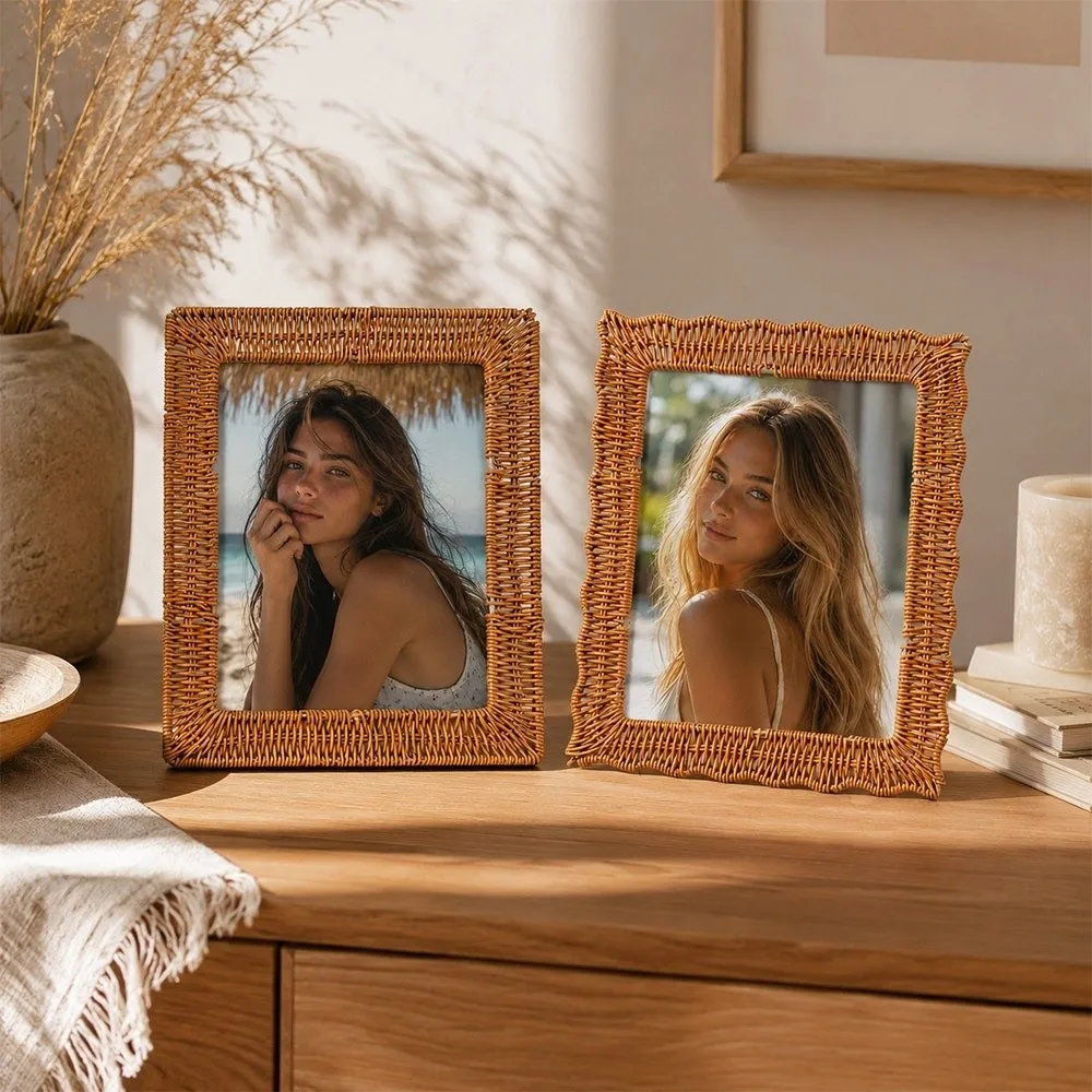 Boho Style Vintage Rattan Photo Frames 4x6 Inch Handmade Picture Frame PP Woven Rustic Charm Woven Picture Frame Home Decoration