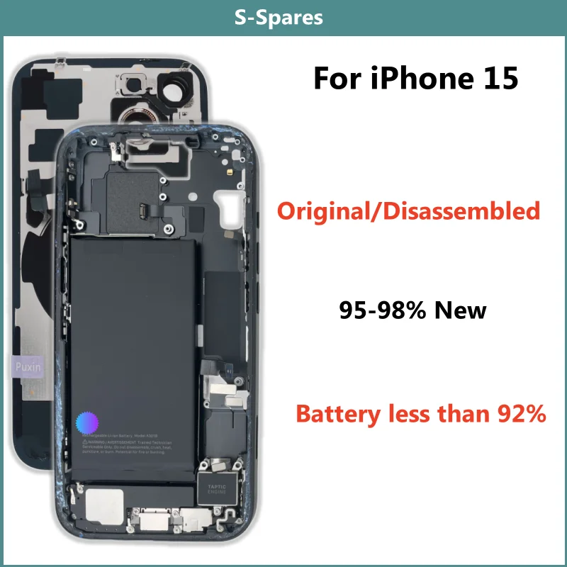 

95% New Disassembled Middle Housing Back Cover Glass For iPhone 15 with Battery Rear Camera NFC Wireless Assembly