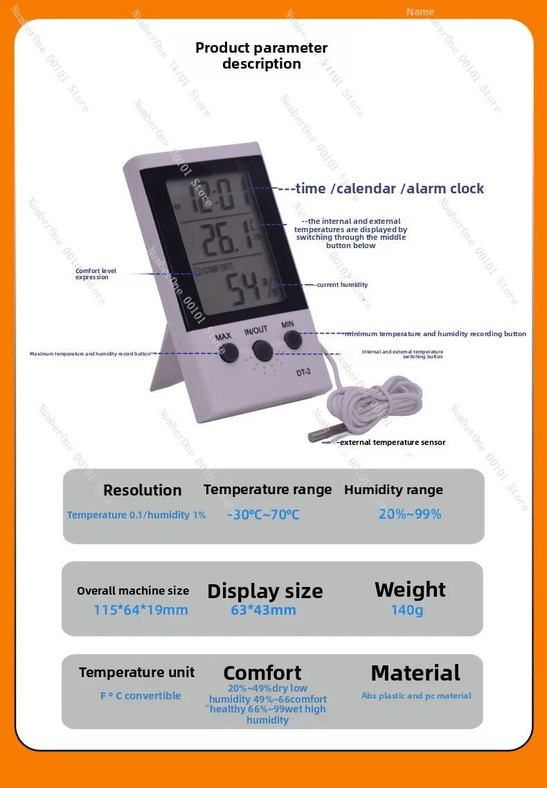 جهاز قياس درجة الحرارة والرطوبة من Smiley Face DT-2، مقياس حرارة رقمي داخلي مع مسبار عالي الدقة، وساعة منبه وعرض الوقت #6