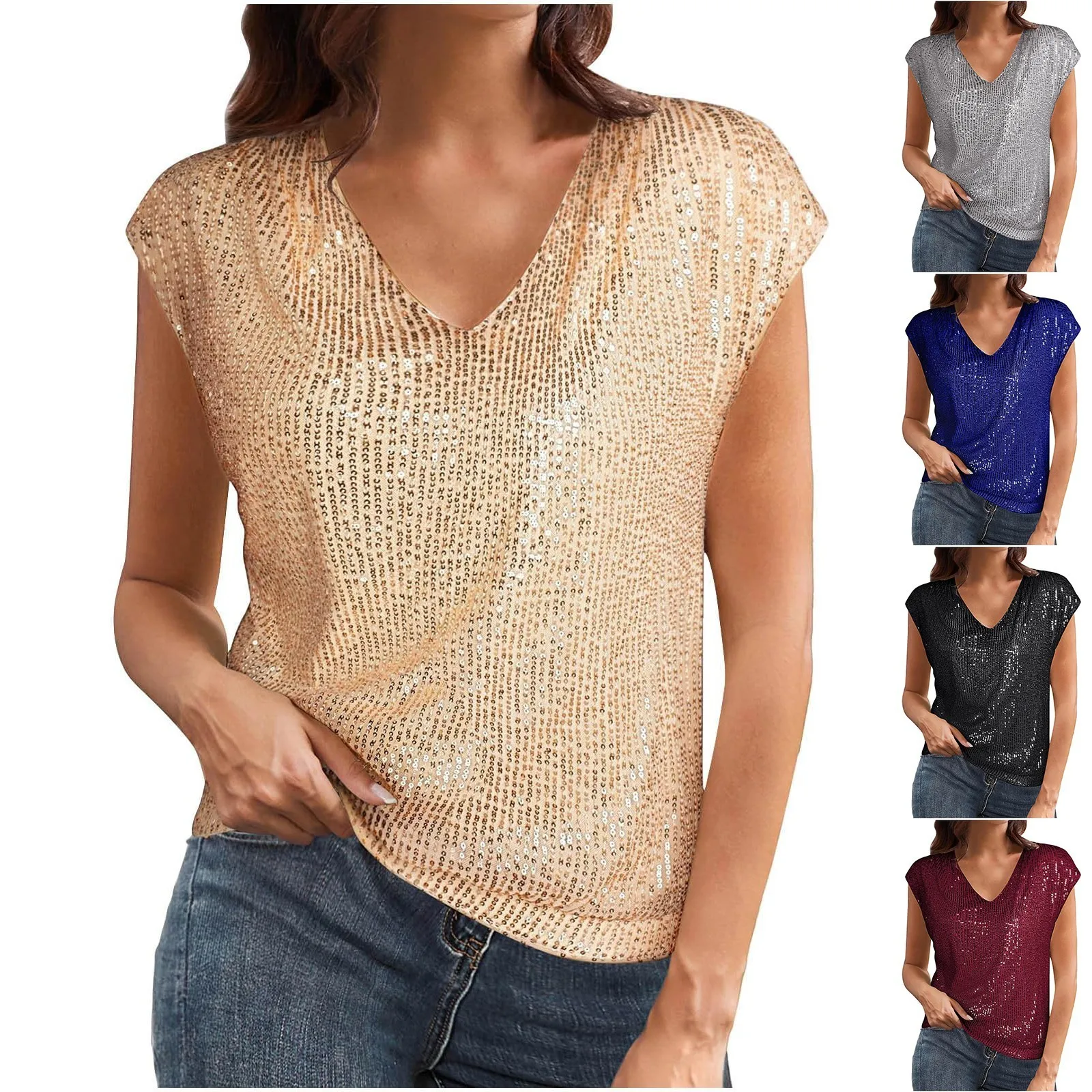 Short Sleeve Sequin Tops For Women V-Neck Sleeveless Sparkly Tank Tops Dressy Glitter Sexy Top Blouses New