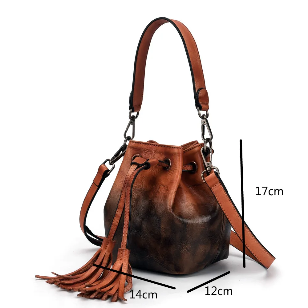 Johnature 2024 New Vintage Cowhide Multifunctional Women Small Bag Fashion Bucket Genuine Leather Tassel Shoulder&crossbody Bags