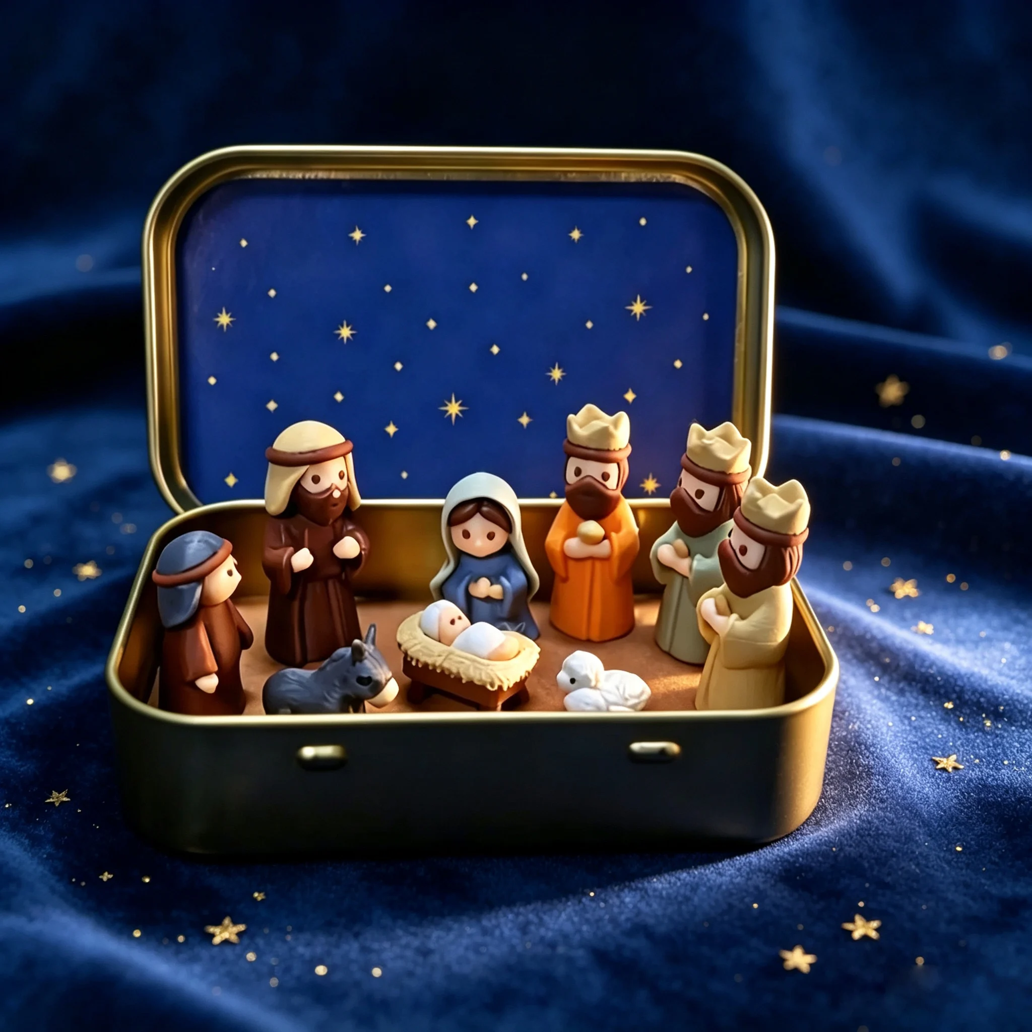Mini Xmas Manger Set Iron Box, Pocket‑Size Nativity Scene with Mary Jesus Shepherd Animal Figurines, Xmas Easter Gift Decor