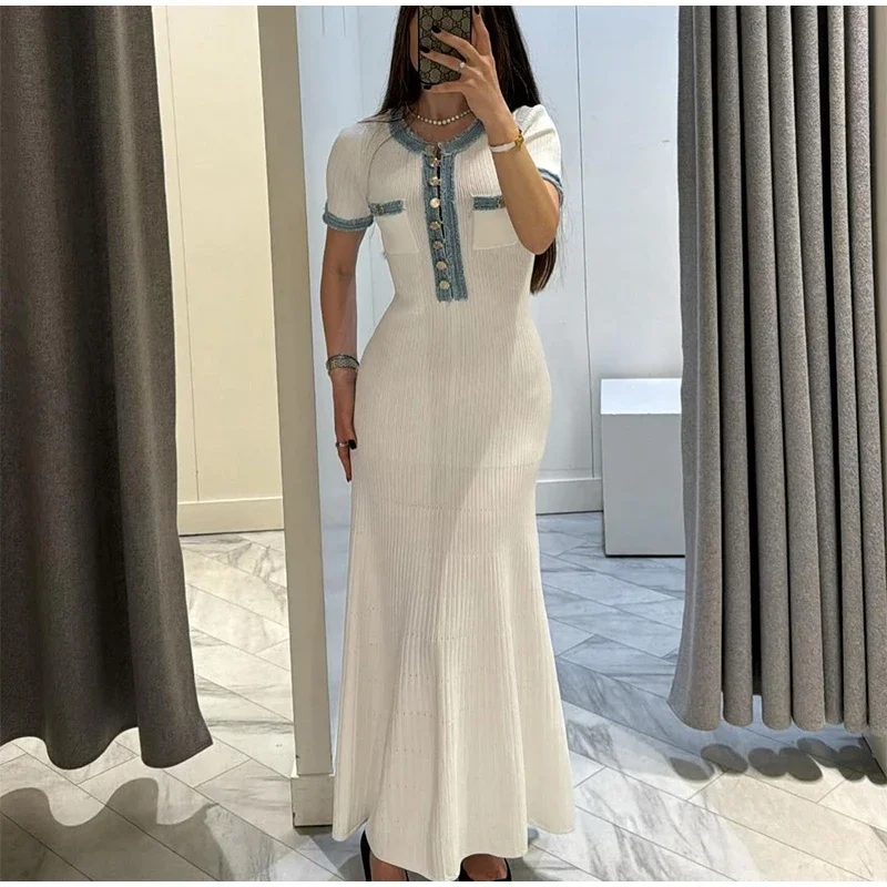 

Elegant Denim Patchwork Knitted Long Dress Women Fashion V Neck Short Sleeved Buttons Bodycon Dresses Female White Pockets Robes