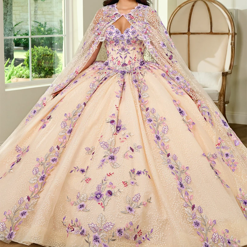 

Champagne Shiny Quinceanera Dresses Ball Gown With Cape Lace Applique Beading Tull Corset Sweet 16 Vestido De 15 Anos