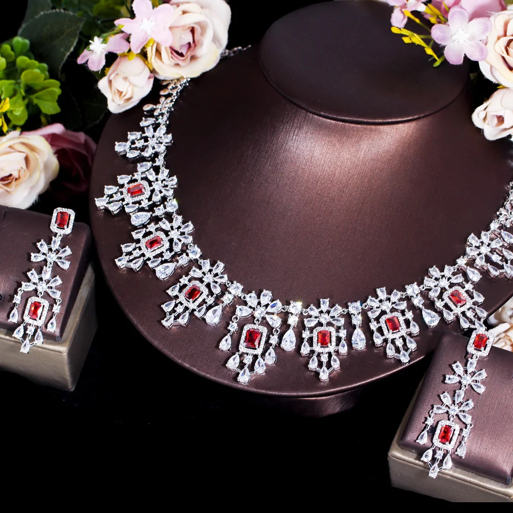 CWWZircons Bright Water Drop Cubic Zirconia Paved Luxury Bridal Red Wedding Necklace and Earrings Jewelry Sets for Women T361