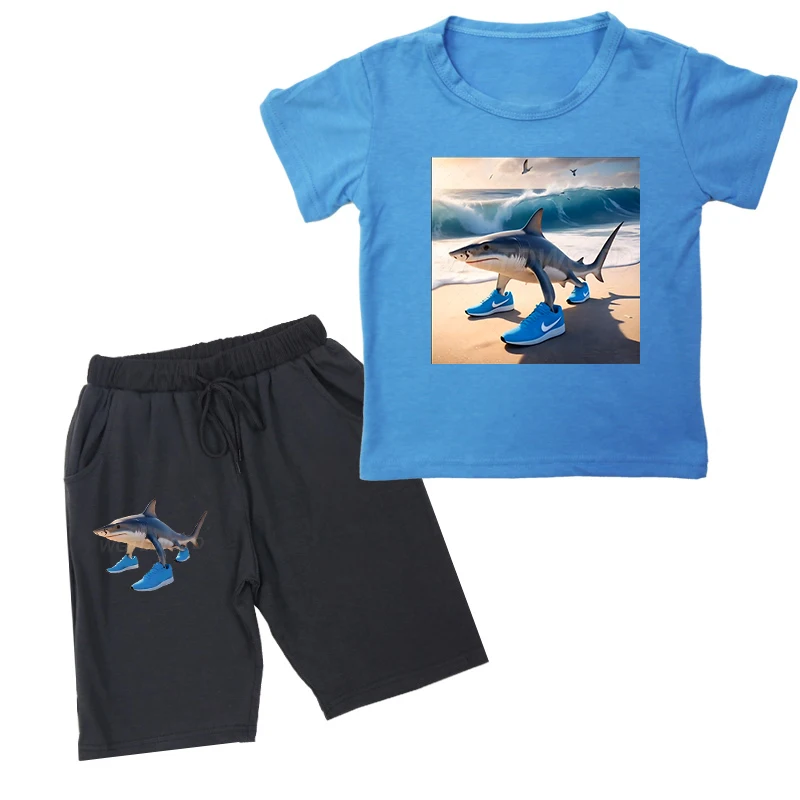

Italian Brainrot Funny Tshirt Suit Baby Girls Boys Summer Outfit Shark Funny Meme Cute Tee Children's T Shirt + Pants 2pcs Set