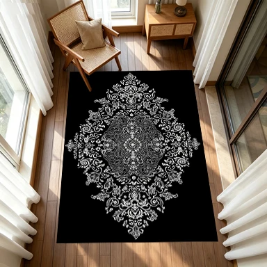 Black Background White Symmetric Luxury Mandala Carpet Flooring, Classic Vintage Ornate Non-Slip Area Rug for Living Room Bedroom Home Decor