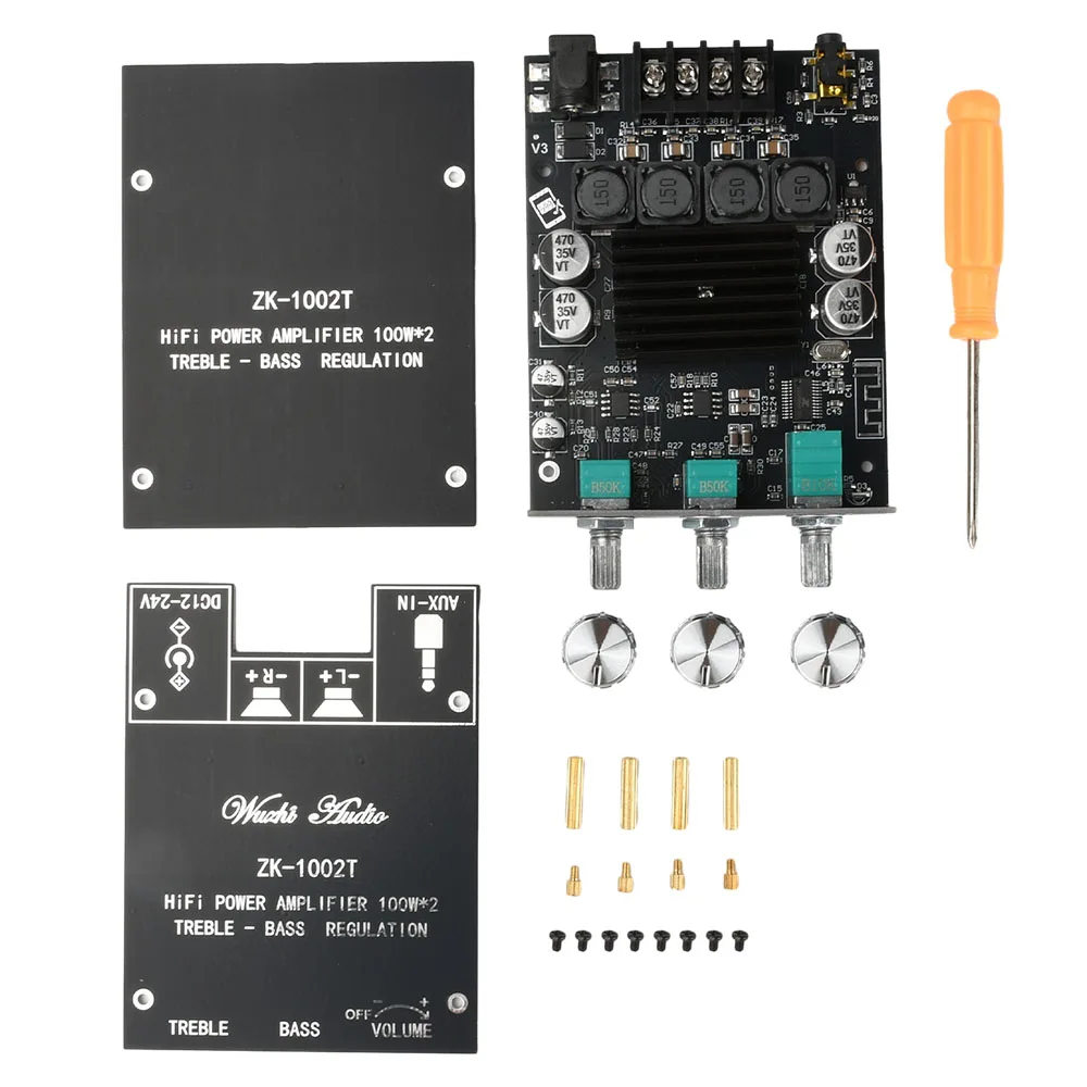 ZK-1002T Bluetooth 5.0 HIFI 2.0 Channel Power Audio Stereo Amplifier Board 2*100W Module TREBLE Bass Note Tuning AMP
