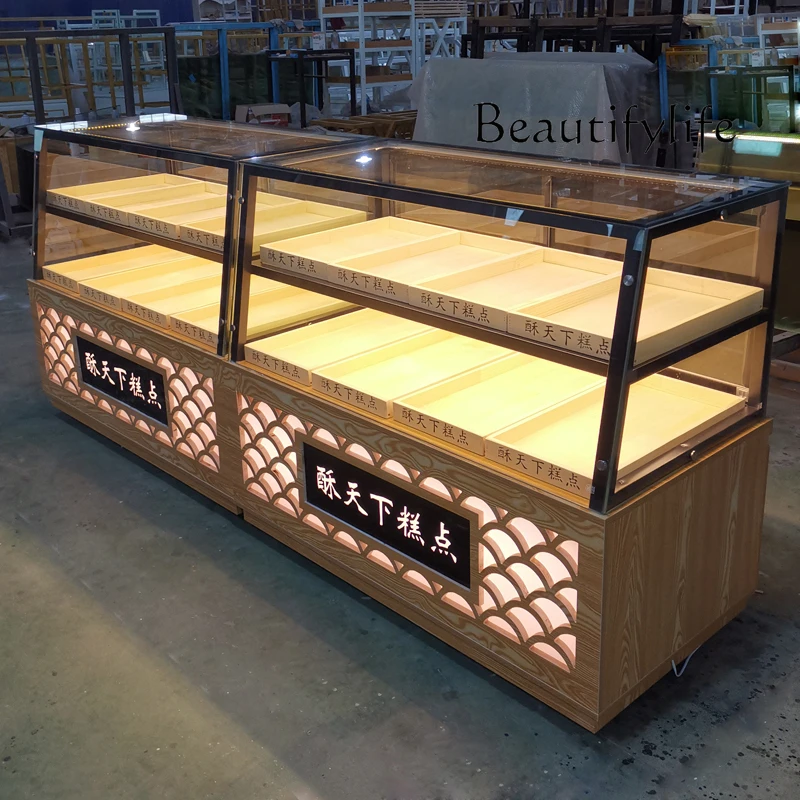 A  Spot new pastry cabinet peach puff bread cabinet back door solid wood curved corner glass display cabinet