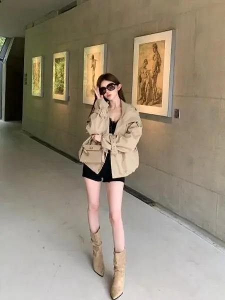 Khaki Long Sleeve Stand Collar Double Breasted Coat Women's Winter High End Loose Casual Personality Open Cardigan Top