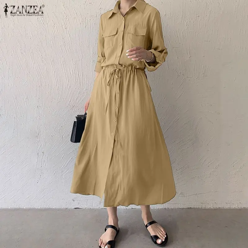ZANZEA Frauen Langes Hemd Kleid 2026 Mode Elegante Party Vestidos Revers Langarm Kordelzug Casual Solide Street Robe 3XL