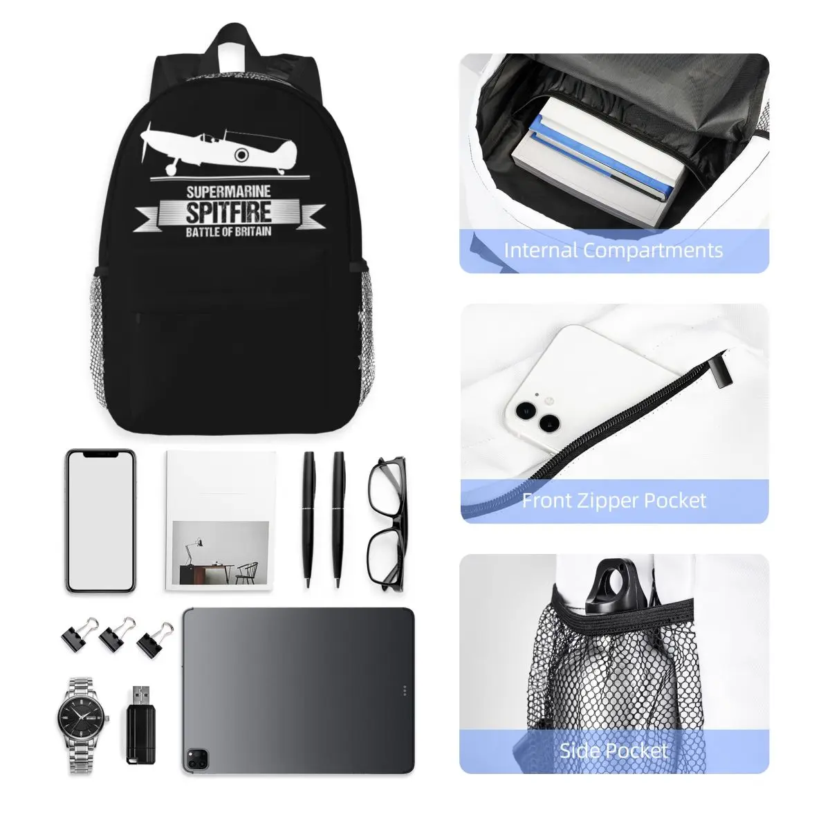 RAF Supermarine Spitfire Fighter Aircraft Plane Airplane Backpack Student Boys Girls BookBag School Bag Computer Shoulder Bags